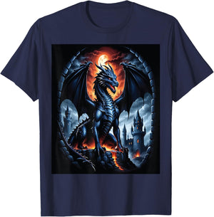 Drache Vollmond Schloss Feuer Fantasy Kunst T-Shirt - T-Shirt | Navy