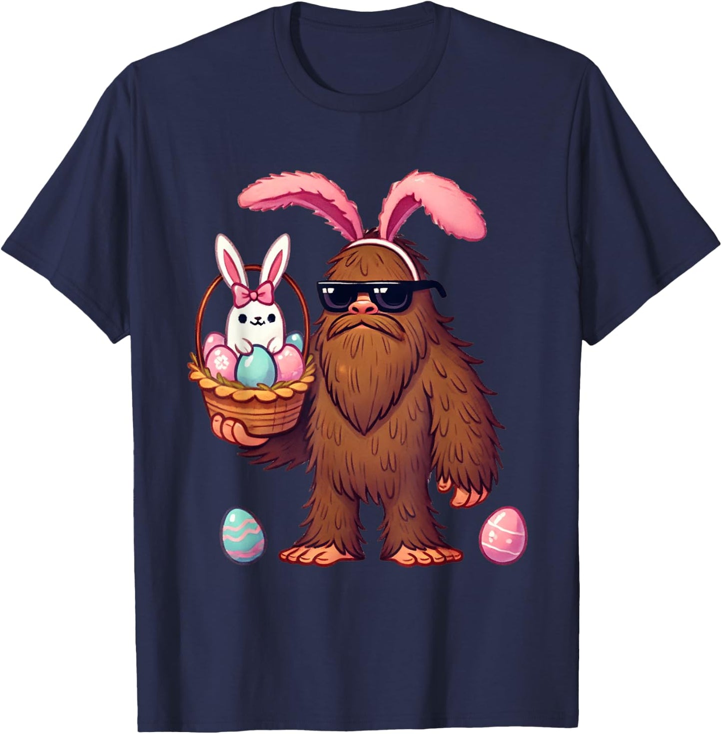 Bigfoot Sasquatch Bunny Easter Eggs Retro Men Boys Kids Cute T-Shirt - T-Shirt | Navy