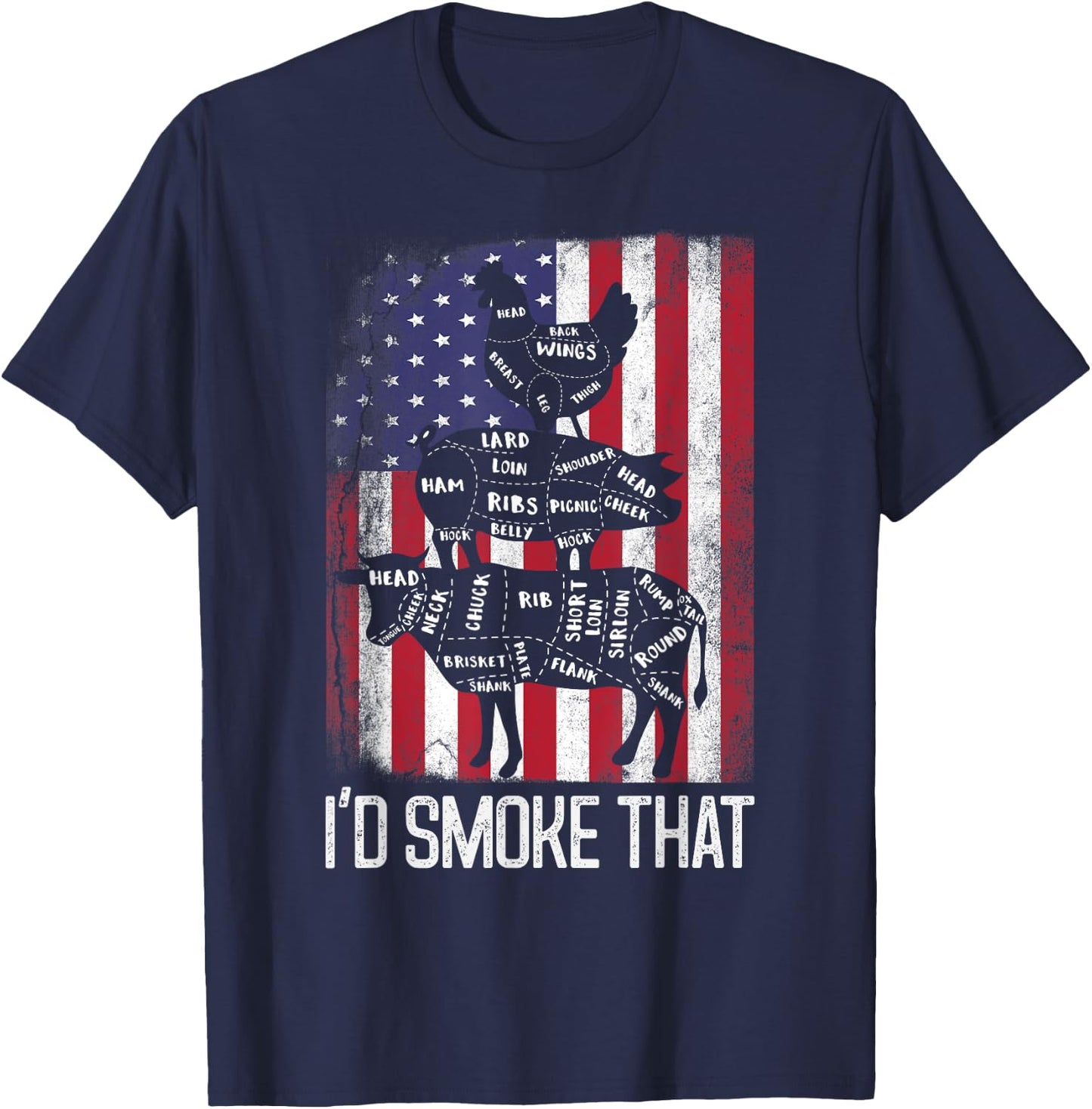 BBQ USA Flag I'd smoke that Beef Pork Chicken Butcher Funny Women Men T-Shirt - T-Shirt | Navy