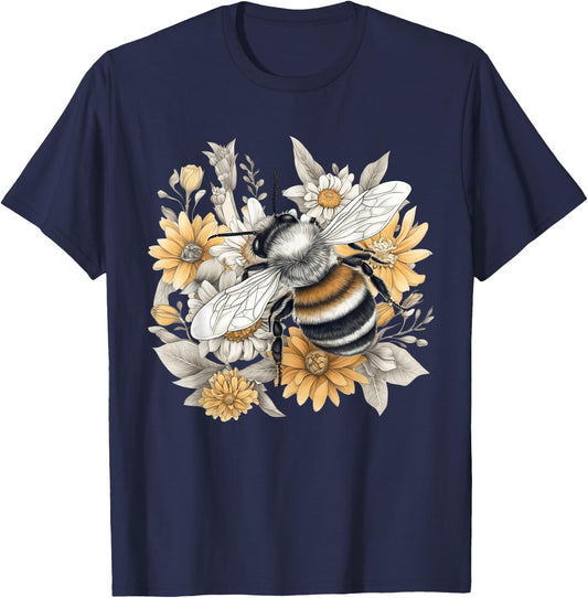 Cute Cottagecore Floral Bee Aesthetic Girls Women Graphic T-Shirt - T-Shirt | Navy