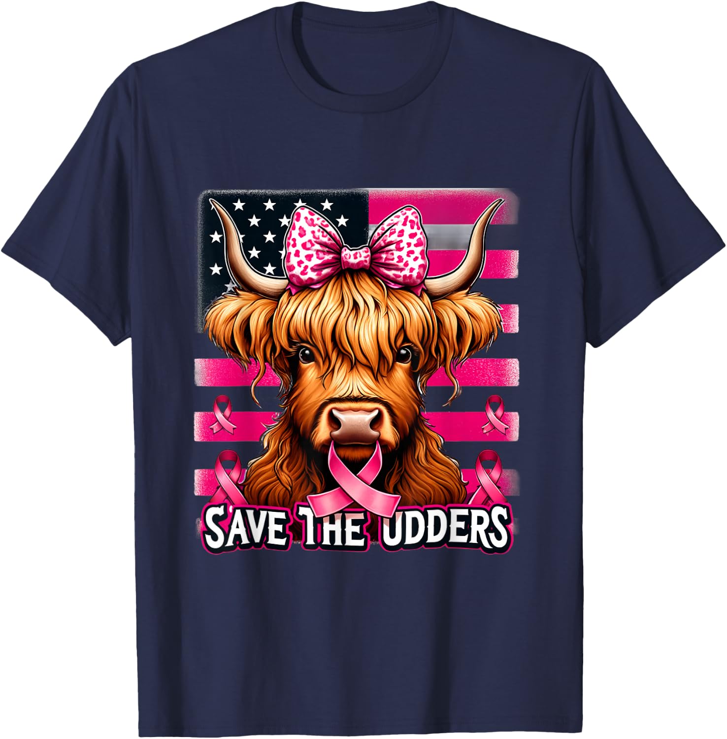 Retro Save The Udders Messy Hair Highland Cow Breast Cancer T-Shirt - T-Shirt | Navy