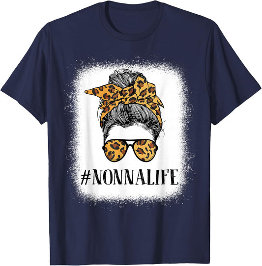 Women Bleached Nonna life Messy Bun Leopard Print Mother's T-Shirt - T-Shirt | Navy