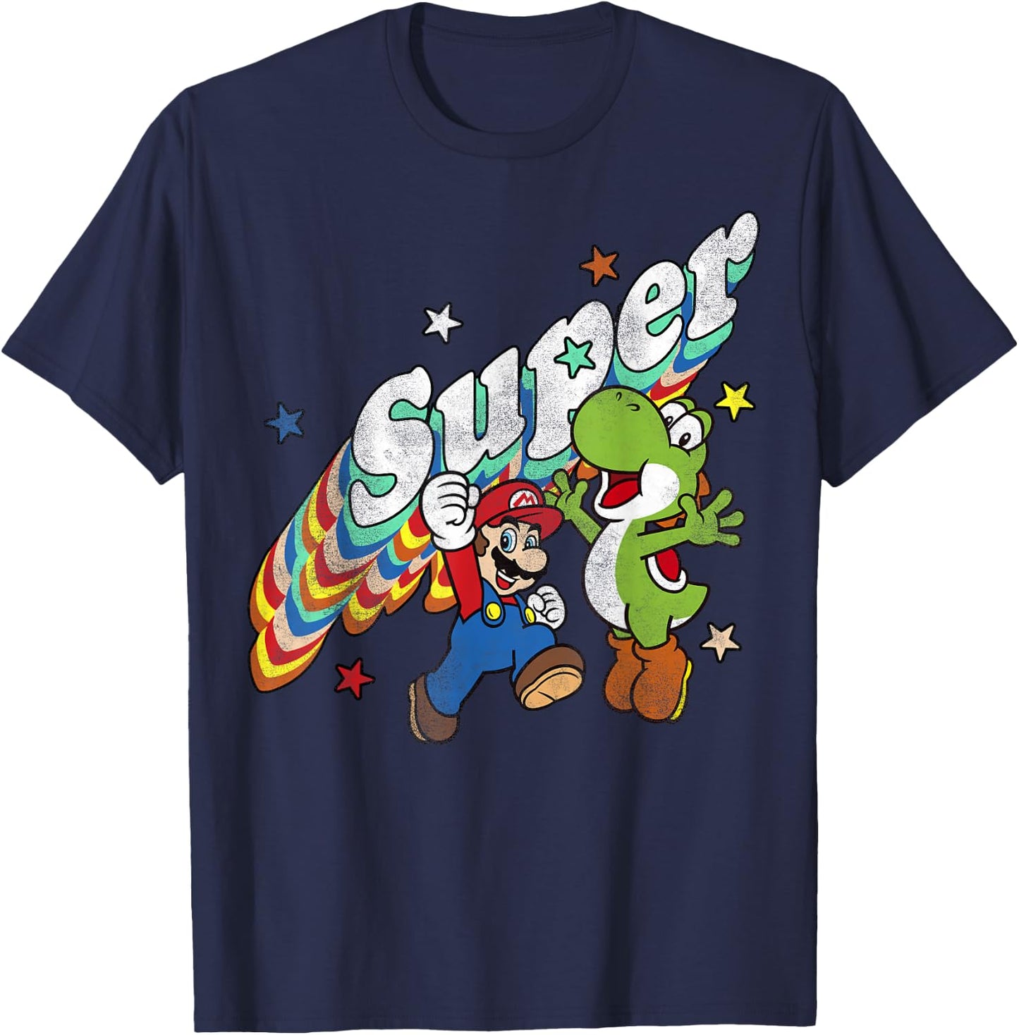 Super Mario Yoshi Mario Rainbow 3D Star Graphic T-Shirt - T-Shirt | Navy