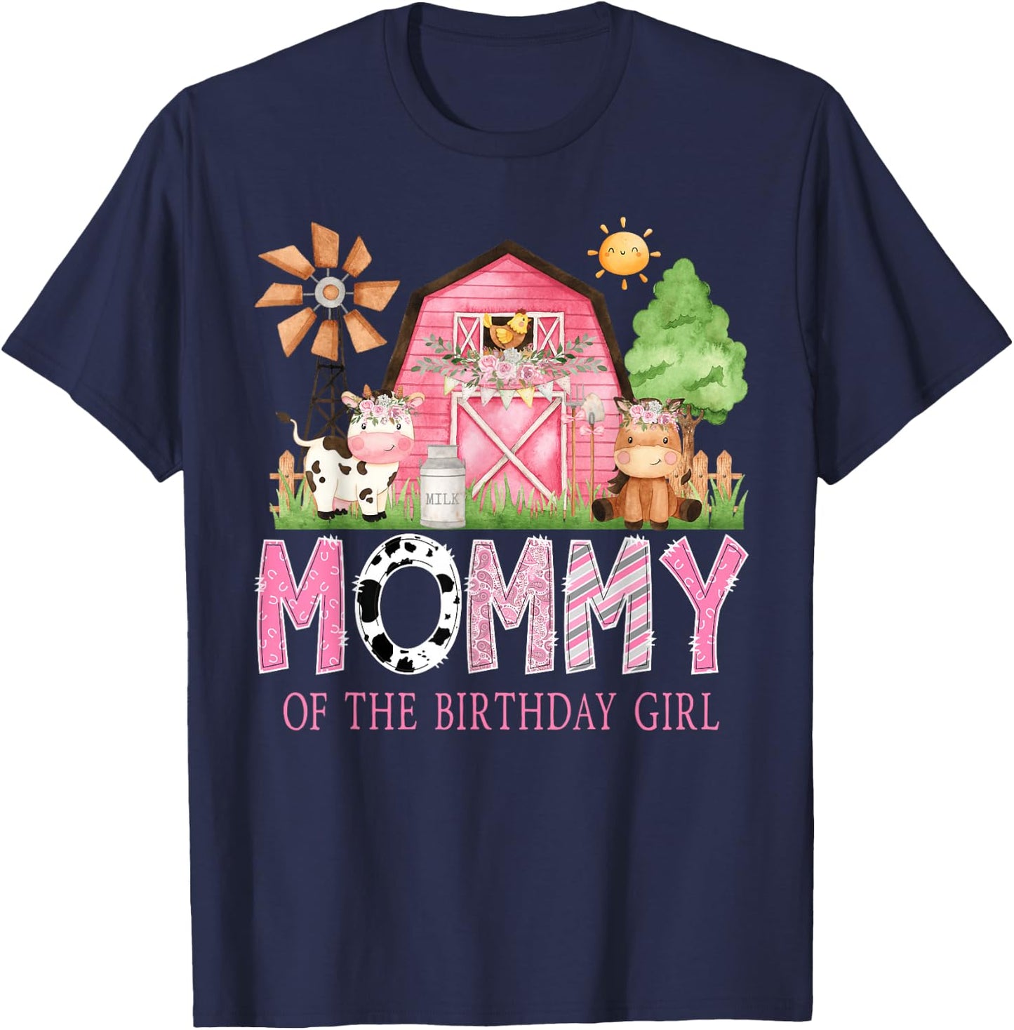 Mommy of The Birthday Girl 1St Birthday Pink Cow Farm T-Shirt - T-Shirt | Navy