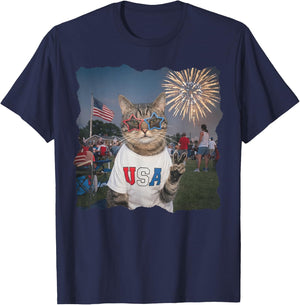 4th of July USA 250 Years Fireworks Funny Patriotic Cat Meme T-Shirt - T-Shirt | Navy