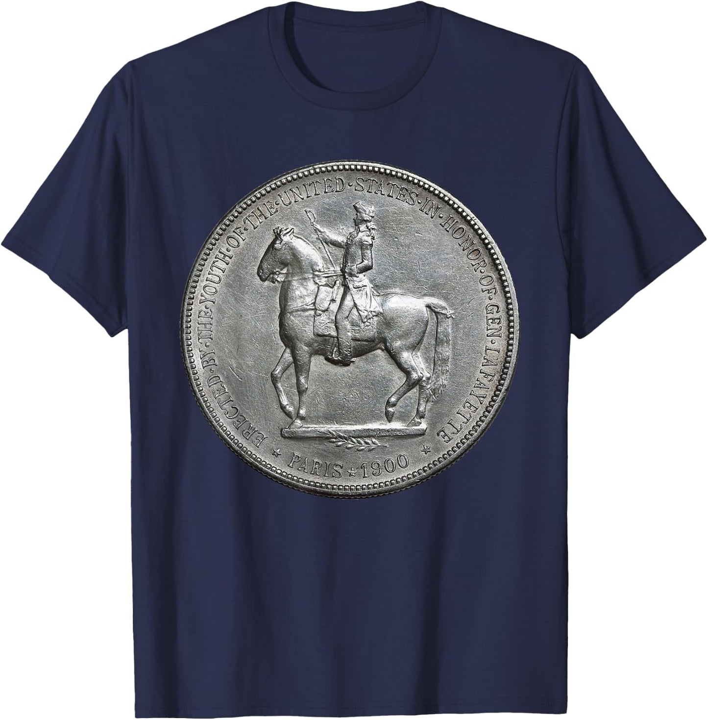 Marquis de Lafayette on Horseback Silver Dollar Coin T-Shirt - T-Shirt | Navy