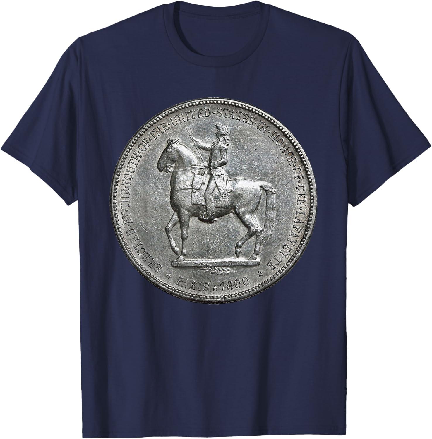 Marquis de Lafayette on Horseback Silver Dollar Coin T-Shirt - T-Shirt | Navy
