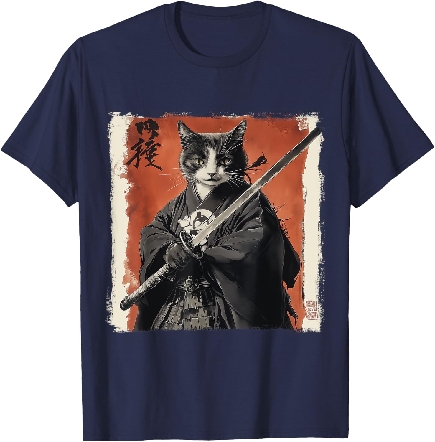 Japanese Samurai Cat Ukiyo-e Warrior Art Japan Vintage T-Shirt - T-Shirt | Navy