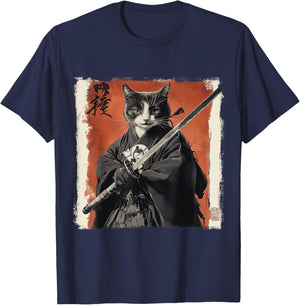 Japanese Samurai Cat Ukiyo-e Warrior Art Japan Vintage T-Shirt - T-Shirt | Navy