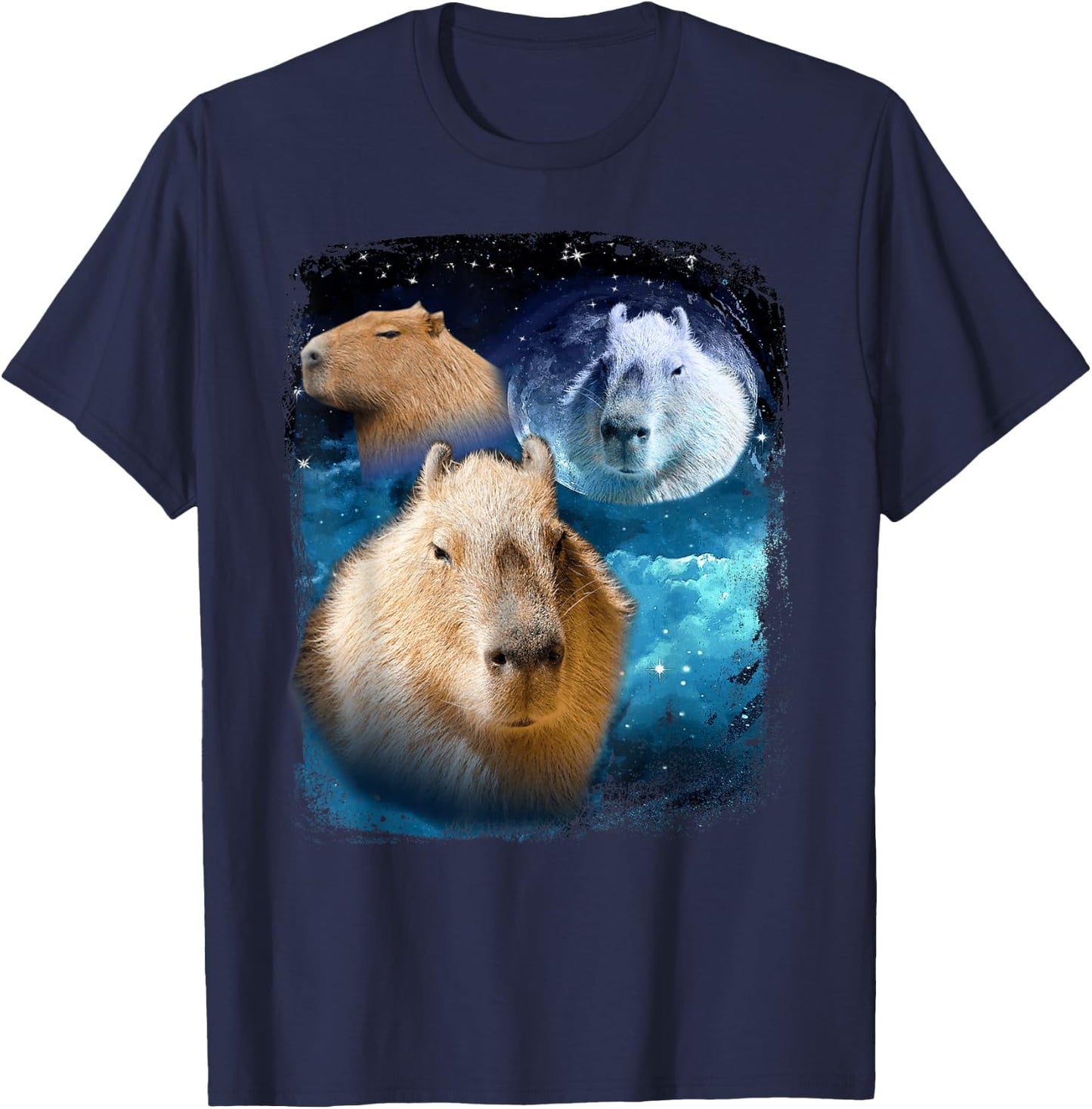 Capybaras howling at the Moon Funny Capybara Meme Vintage T-Shirt - T-Shirt | Navy