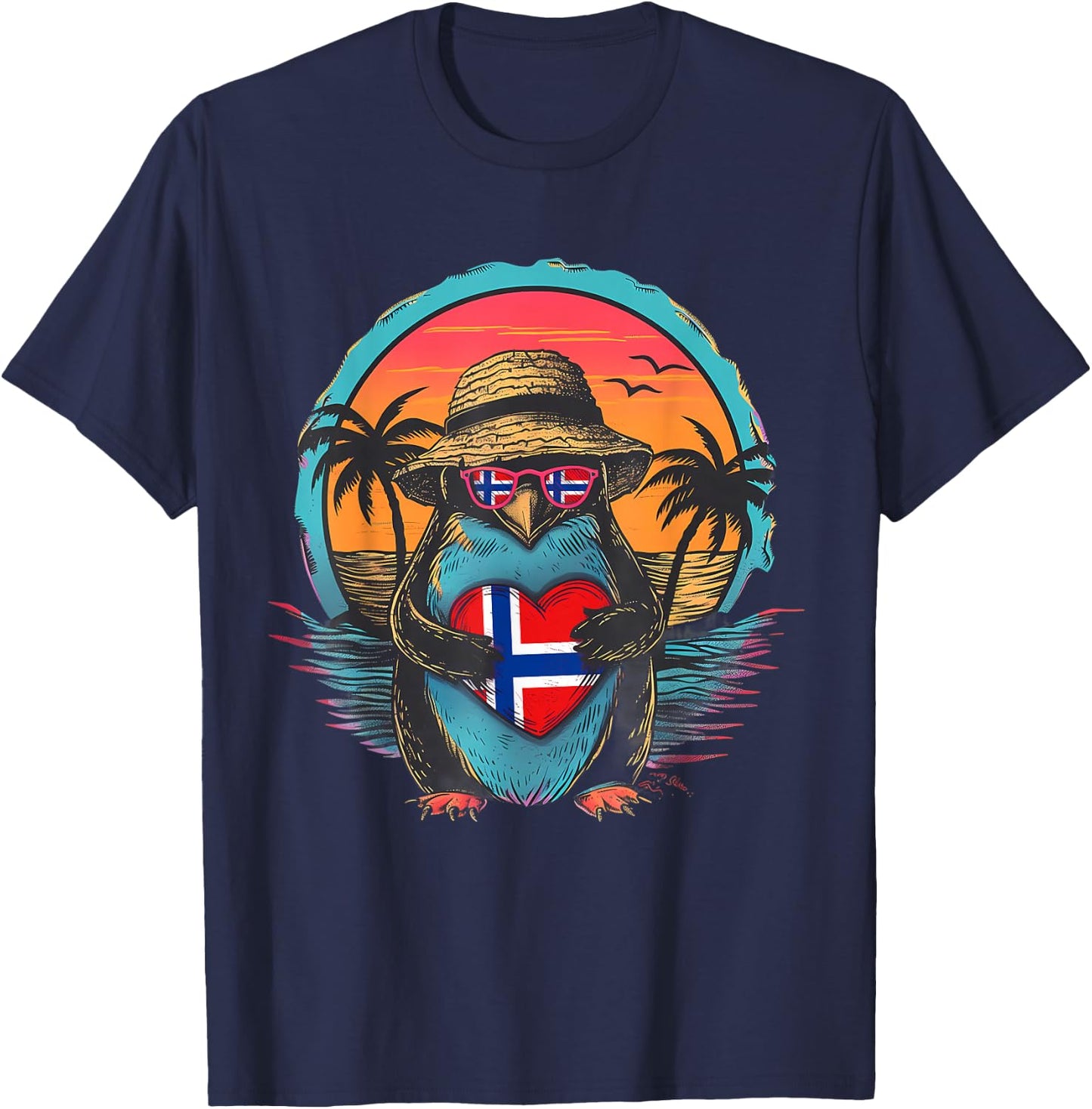 Norway Sunset Penguin Heart Norwegian Pride Norwegian Flag T-Shirt - T-Shirt | Navy
