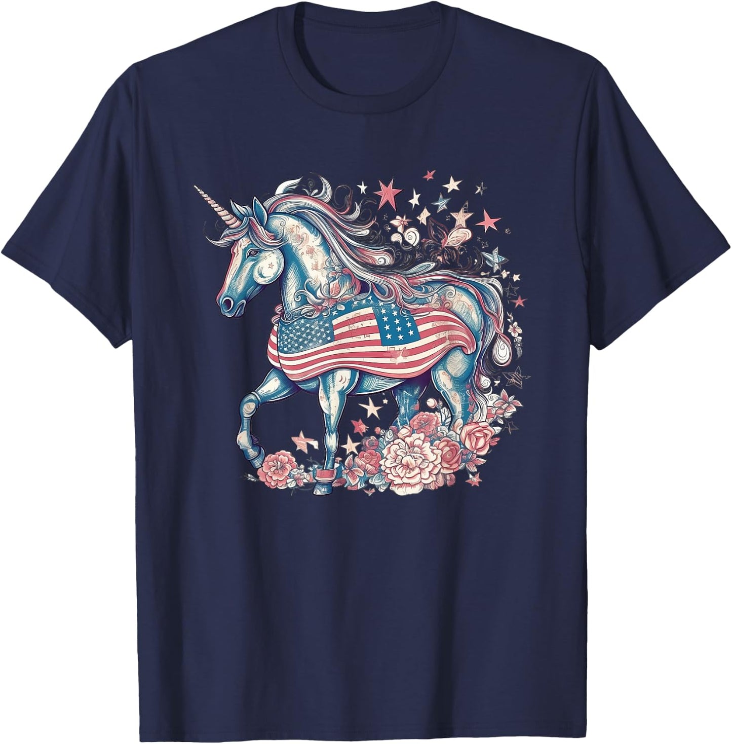 American Unicorn 4th Of July Patriotic USA Flag Girls Women T-Shirt - T-Shirt | Navy