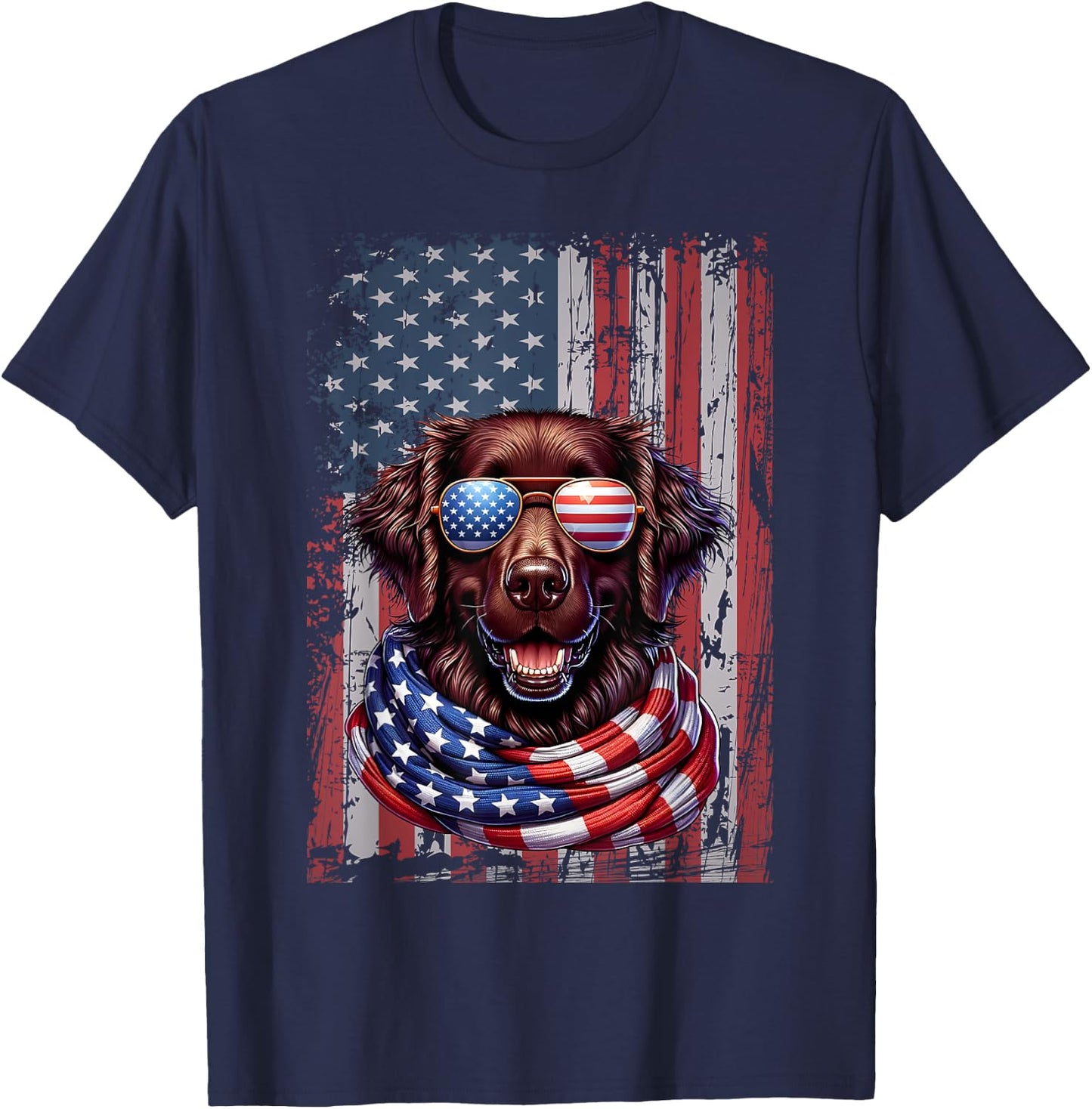 Flat-Coated Retriever Lover US Flag 4th Of July Patriotic Women Kids Men T-Shirt - T-Shirt | Navy