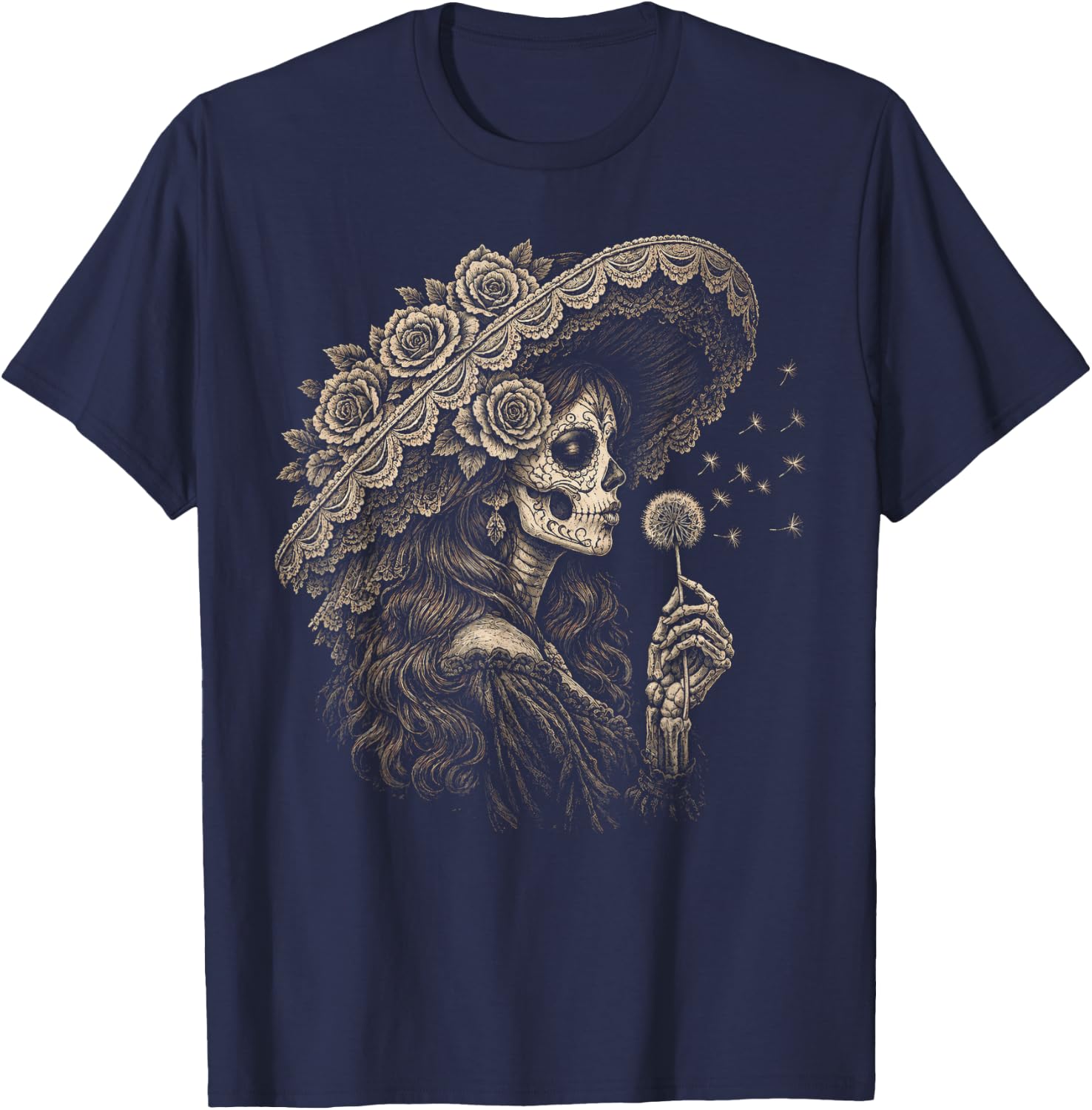 Blowing Wishes La Catrina Blowing Dandelion Vintage Art T-Shirt - T-Shirt | Navy