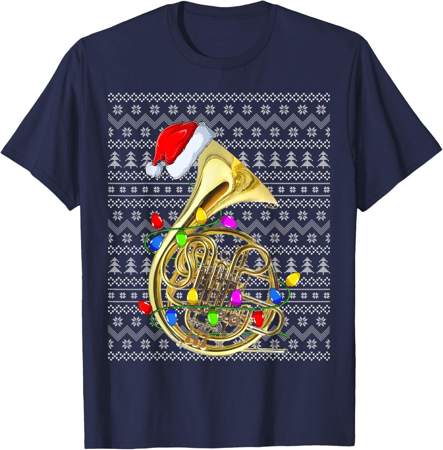 French Horn Lighting Xmas Sweater Ugly French Horn Christmas T-Shirt - T-Shirt | Navy