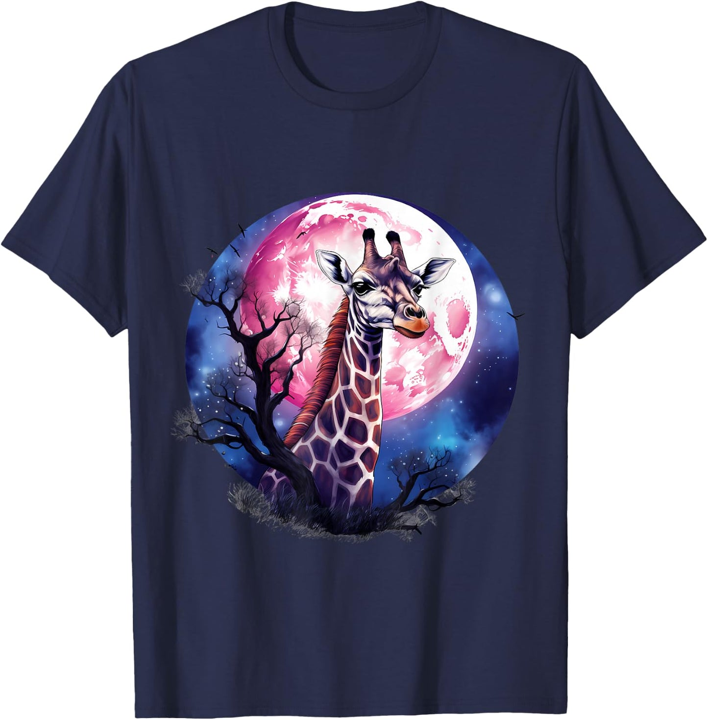 Giraffe Wildlife Safari Tree Moon Animal Art Nature Artwork T-Shirt - T-Shirt | Navy