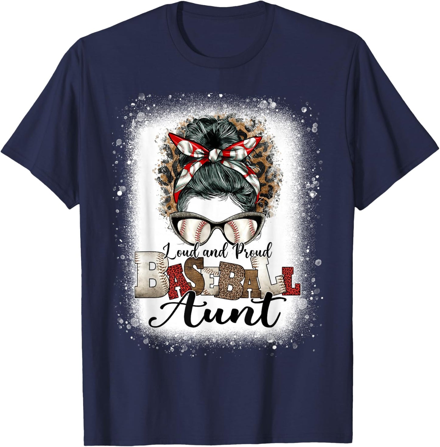 Loud Proud BaseBall Aunt Life Messy Bun Leopard T-Shirt - T-Shirt | Navy