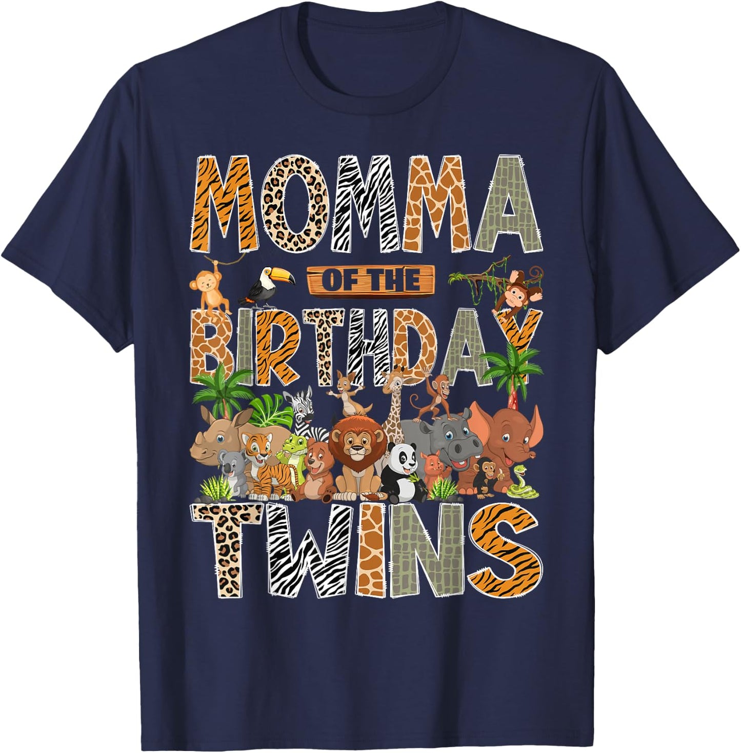 Momma of The Birthday Twins Safari Wild One Zoo Animal T-Shirt - T-Shirt | Navy