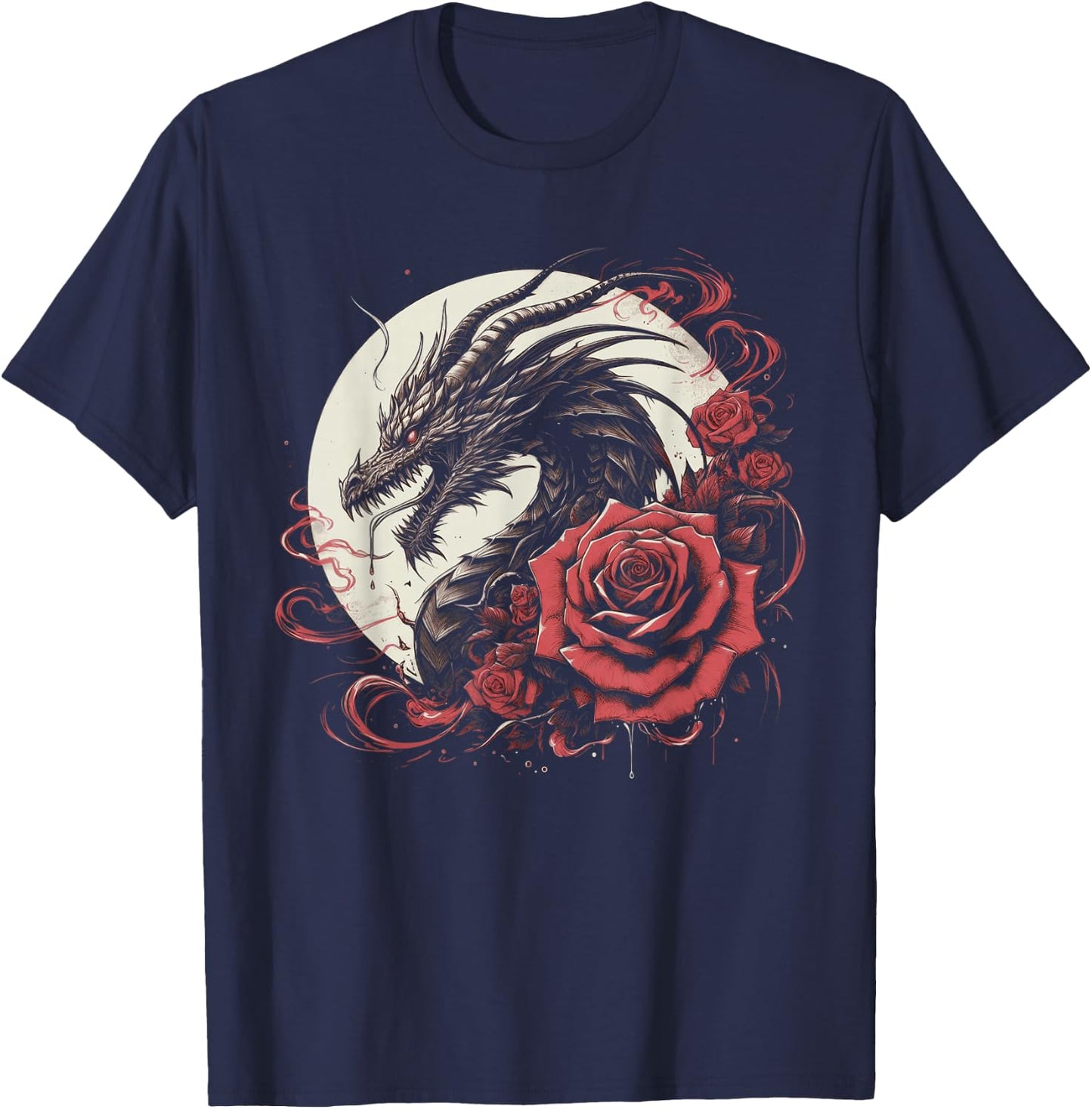 Dragon With Roses And Full Moon Dark Art T-Shirt - T-Shirt | Navy