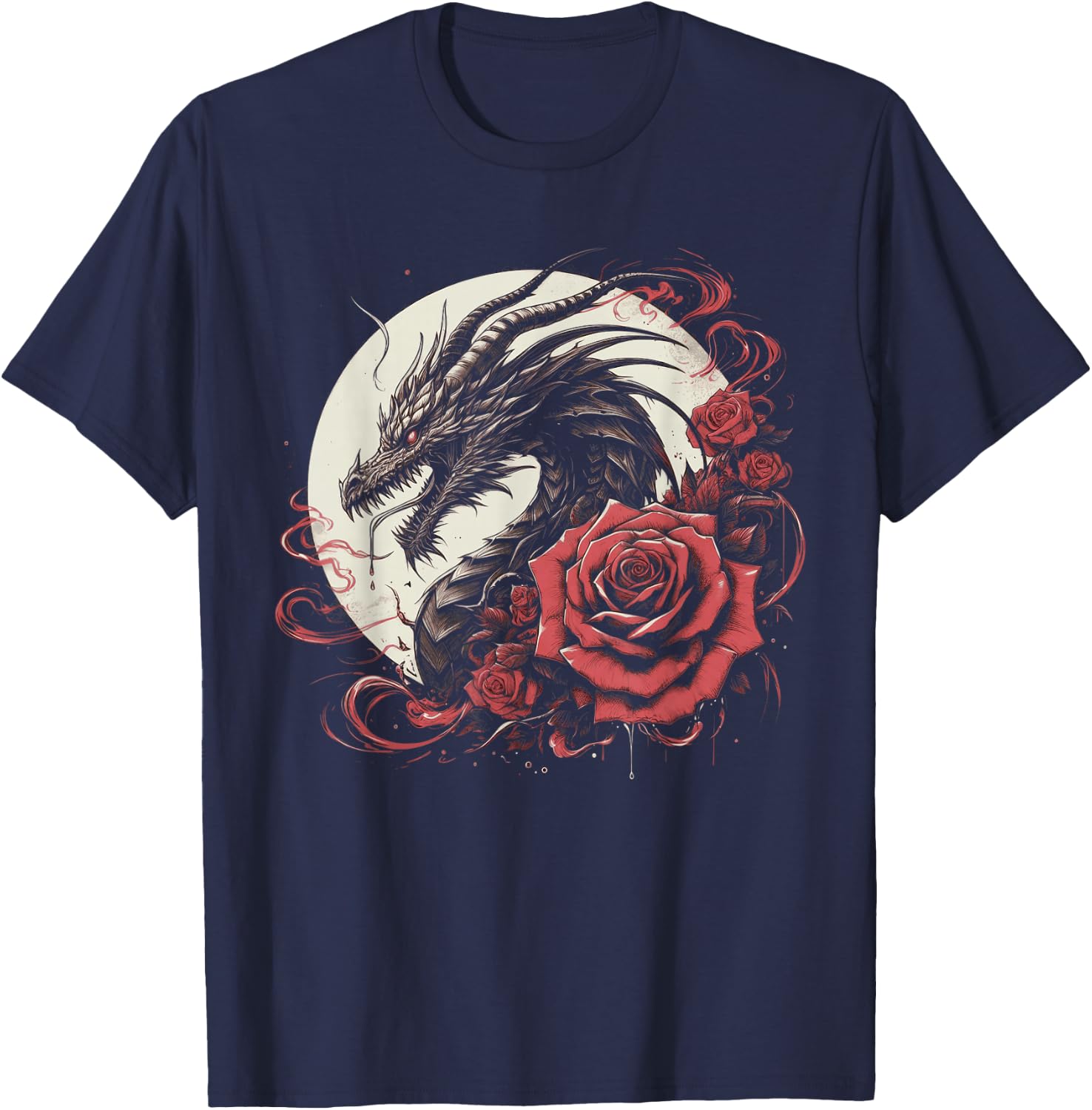 Dragon With Roses And Full Moon Dark Art T-Shirt - T-Shirt | Navy