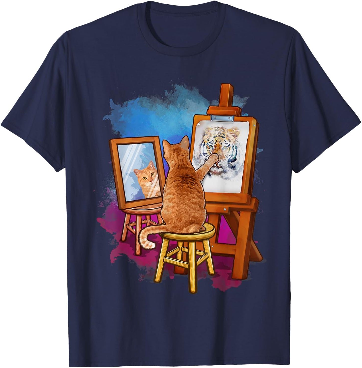 Cat Painting Lion Artistic Animals Lover Graphic Novelty T-Shirt - T-Shirt | Navy