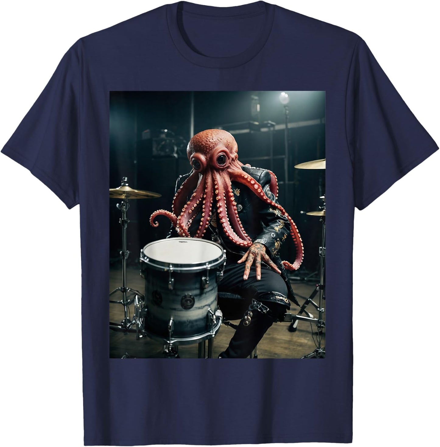 Punk Rock Octopus Head Heavy Metal Drums Leather Jacket Cool T-Shirt - T-Shirt | Navy