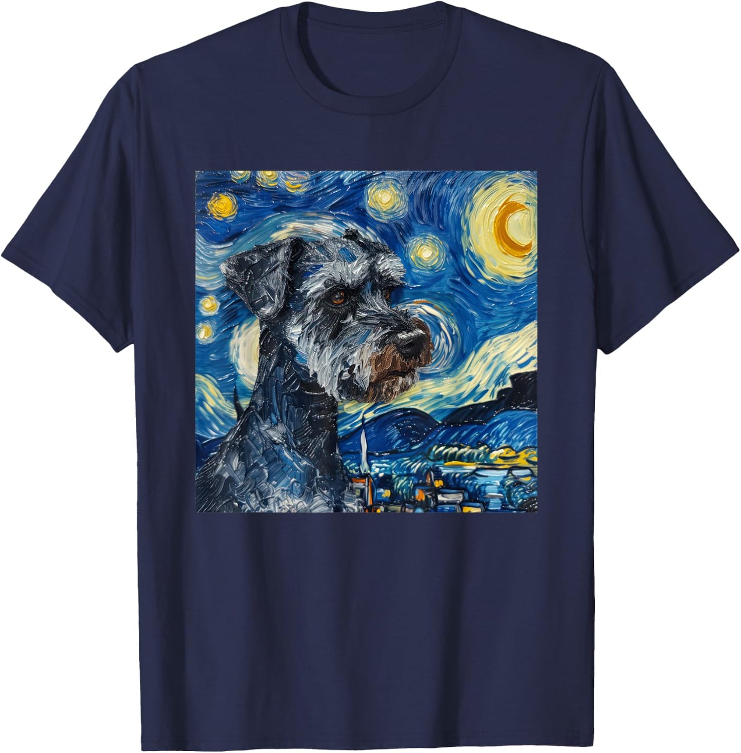 Miniature Schnauzer Dog Van Gogh Style Starry Night T-Shirt - T-Shirt | Navy