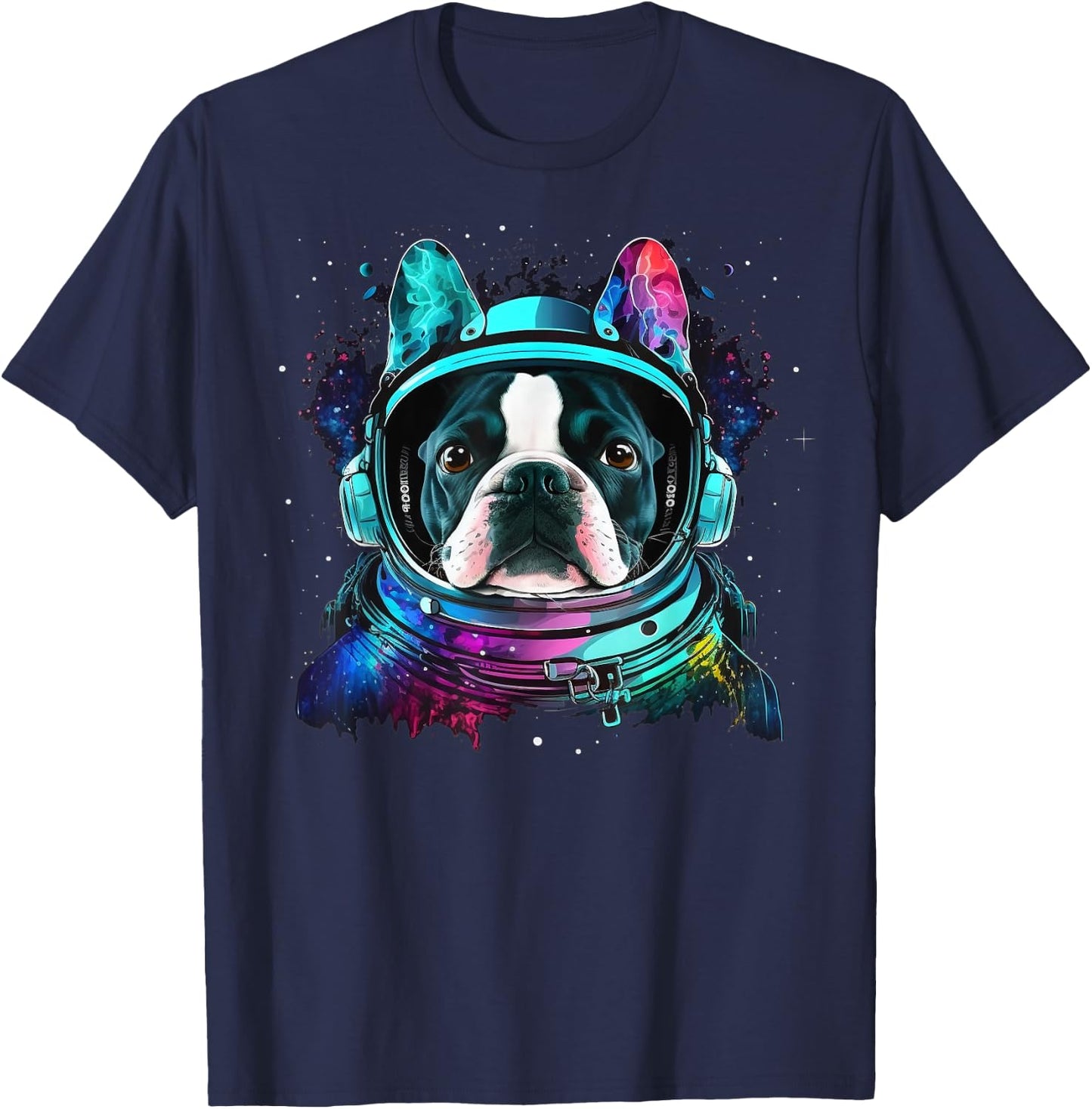 Boston Terrier Astronaut Dog Colorful Cosmic Outer Space Men Women Kids T-Shirt - T-Shirt | Navy