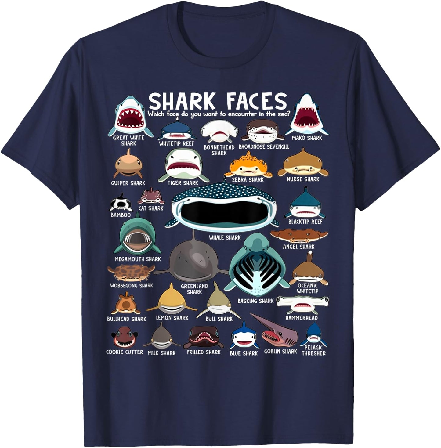 Shark Faces - Types of Shark - Marine Biology Ocean Lovers T-Shirt - T-Shirt | Navy