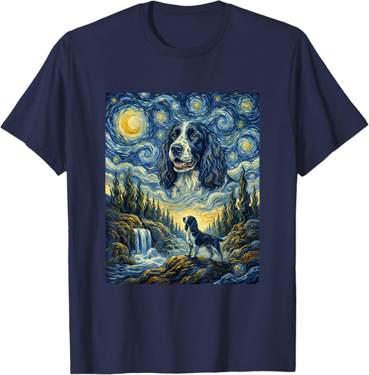 Springer Spaniel Dog Moon Howling Starry Night Van Gogh Art T-Shirt - T-Shirt | Navy