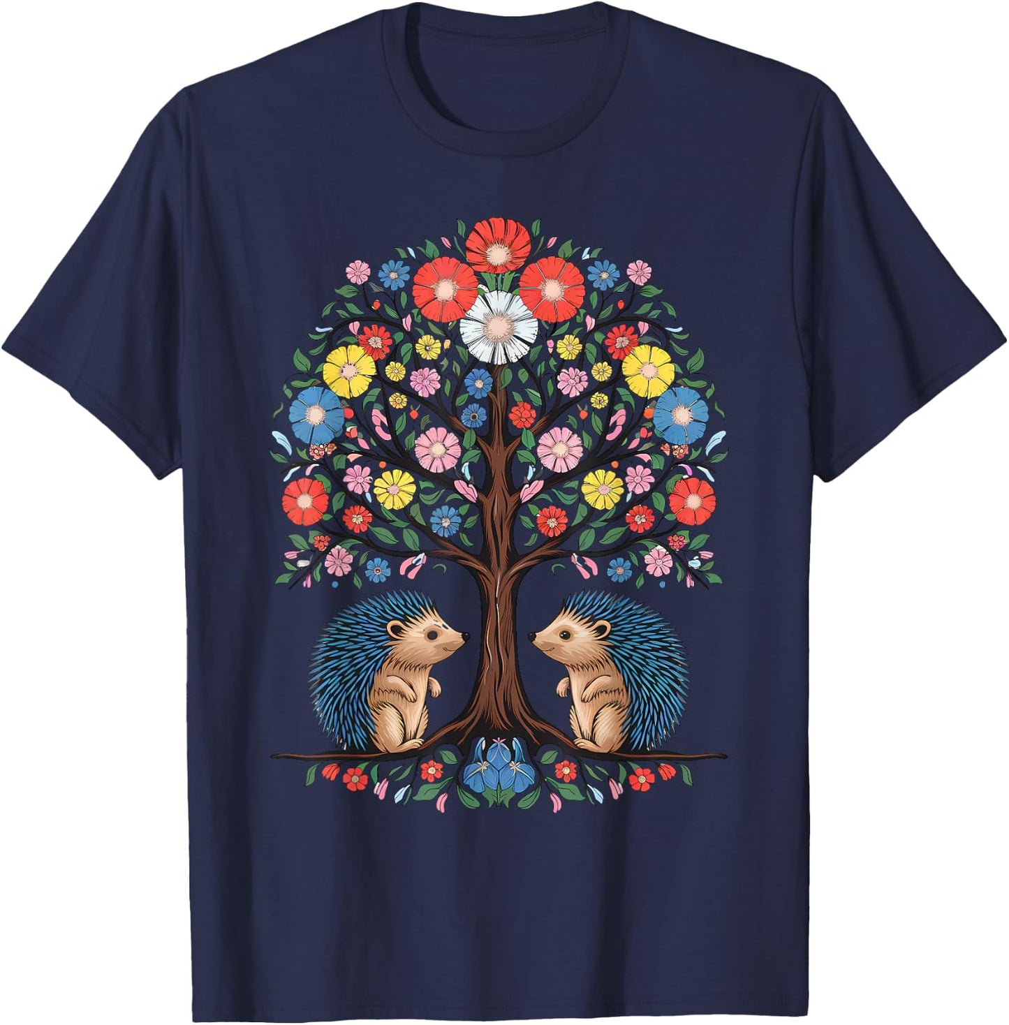 Hedgehog Scandinavian Folk Flowers Style T-Shirt - T-Shirt | Navy