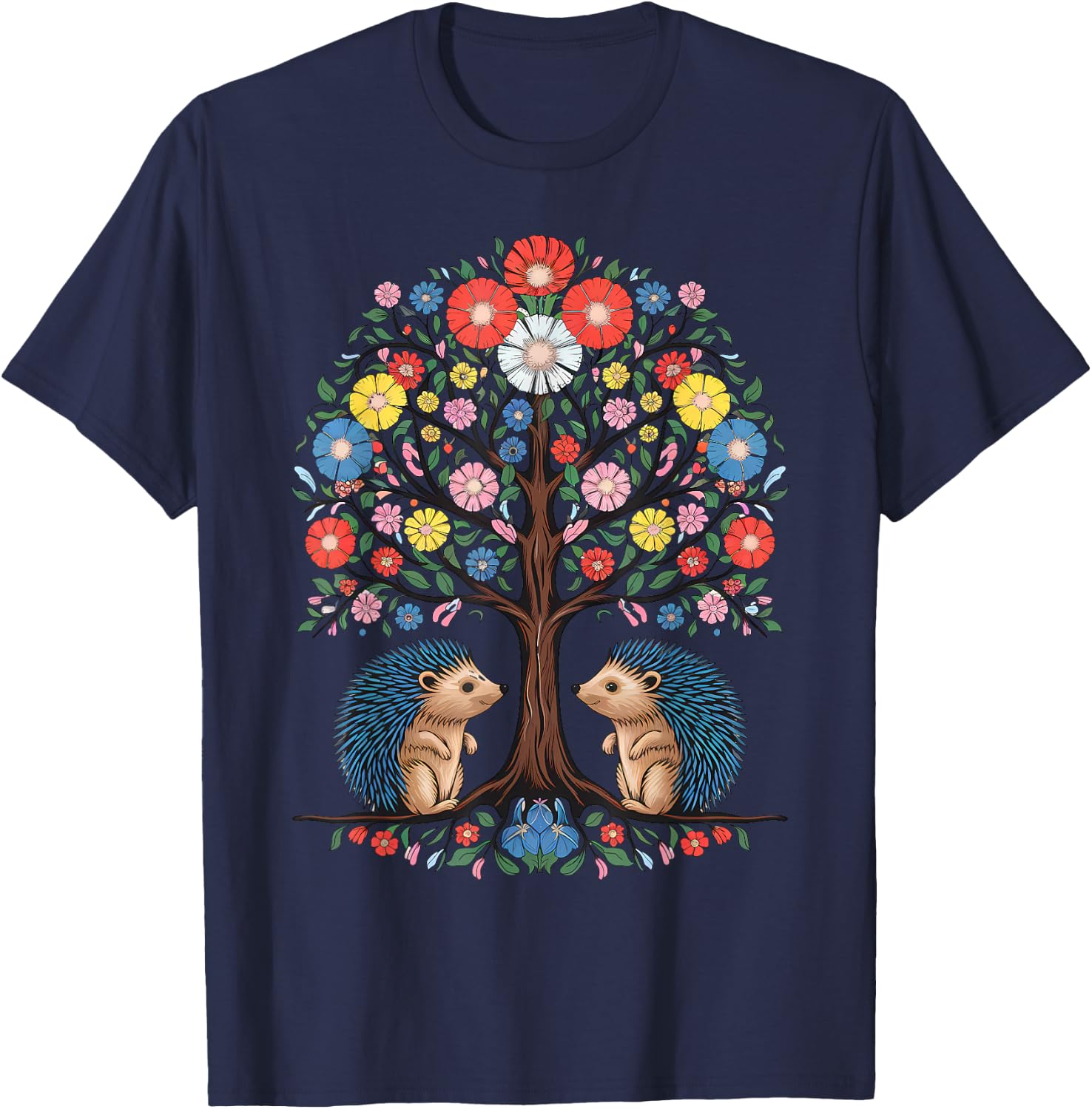 Hedgehog Scandinavian Folk Flowers Style T-Shirt - T-Shirt | Navy