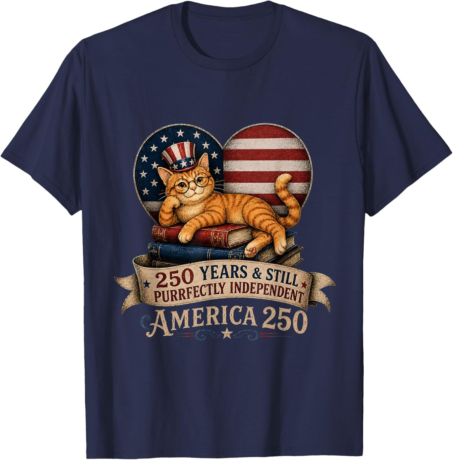 250 Anniversary Book Cat Purrfectly Independent 4th of July T-Shirt - T-Shirt | Navy