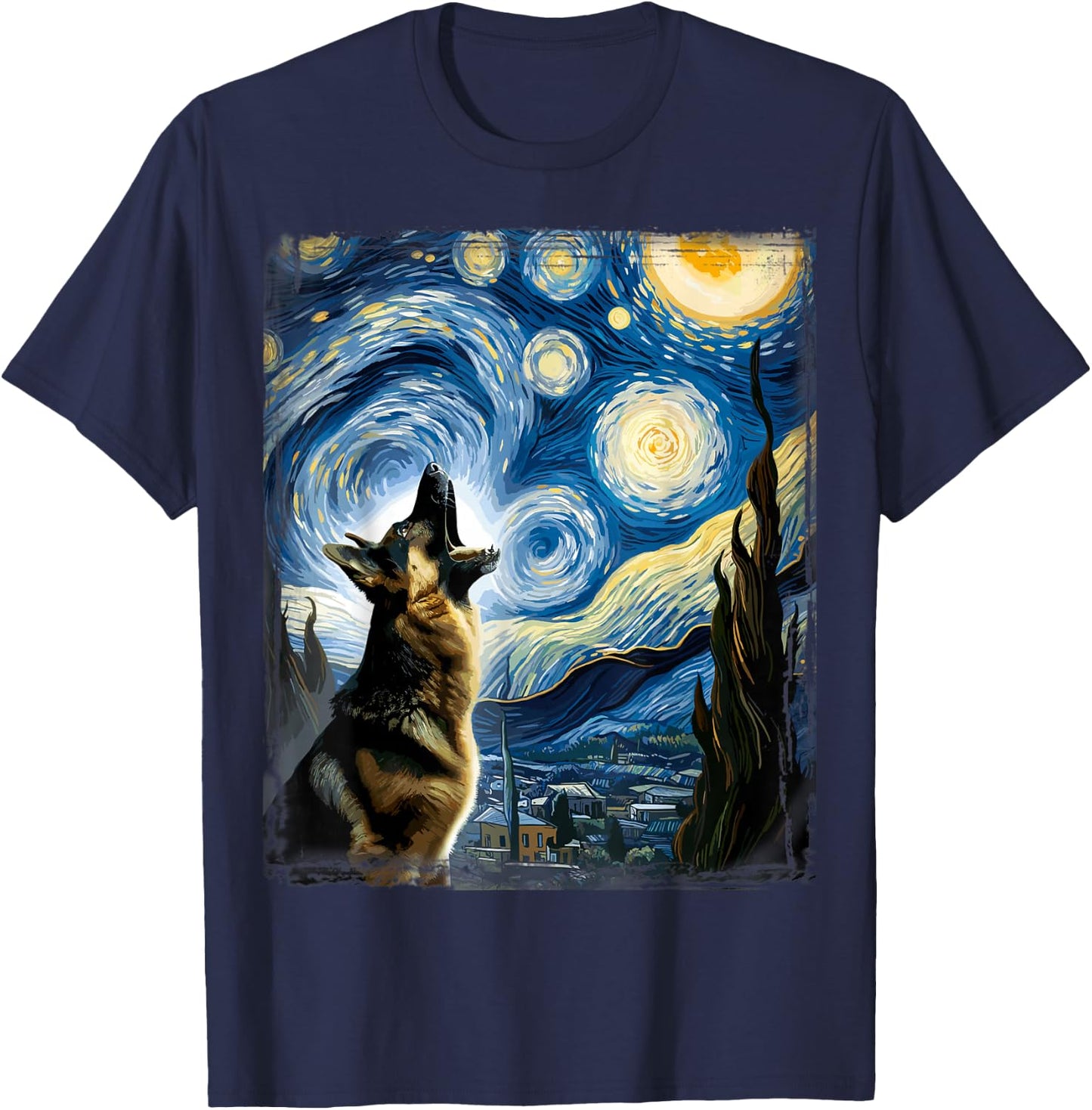 Alsatian Dog Artistic Van Gogh Starry Night German Shepherd T-Shirt - T-Shirt | Navy