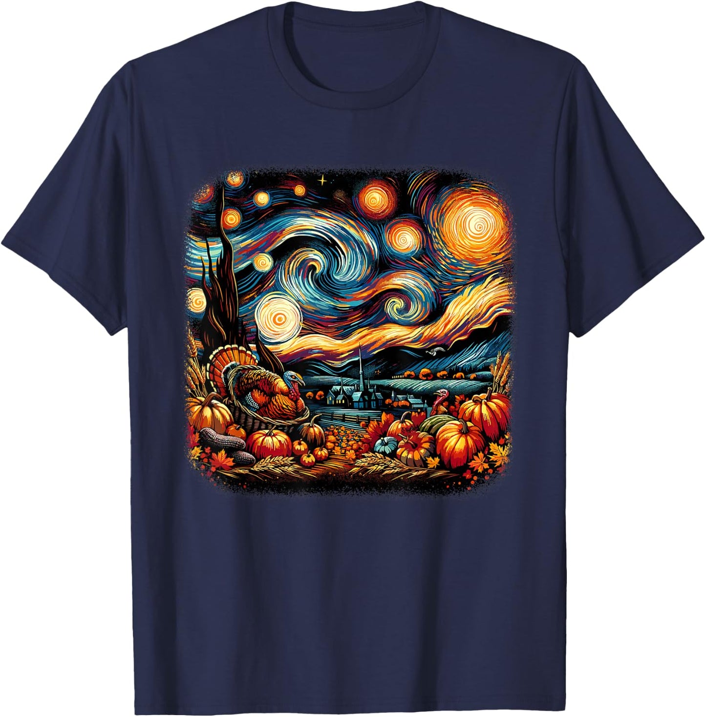 Thanksgiving Turkey & Pumpkin Harvest Starry Night Van Gough T-Shirt - T-Shirt | Navy