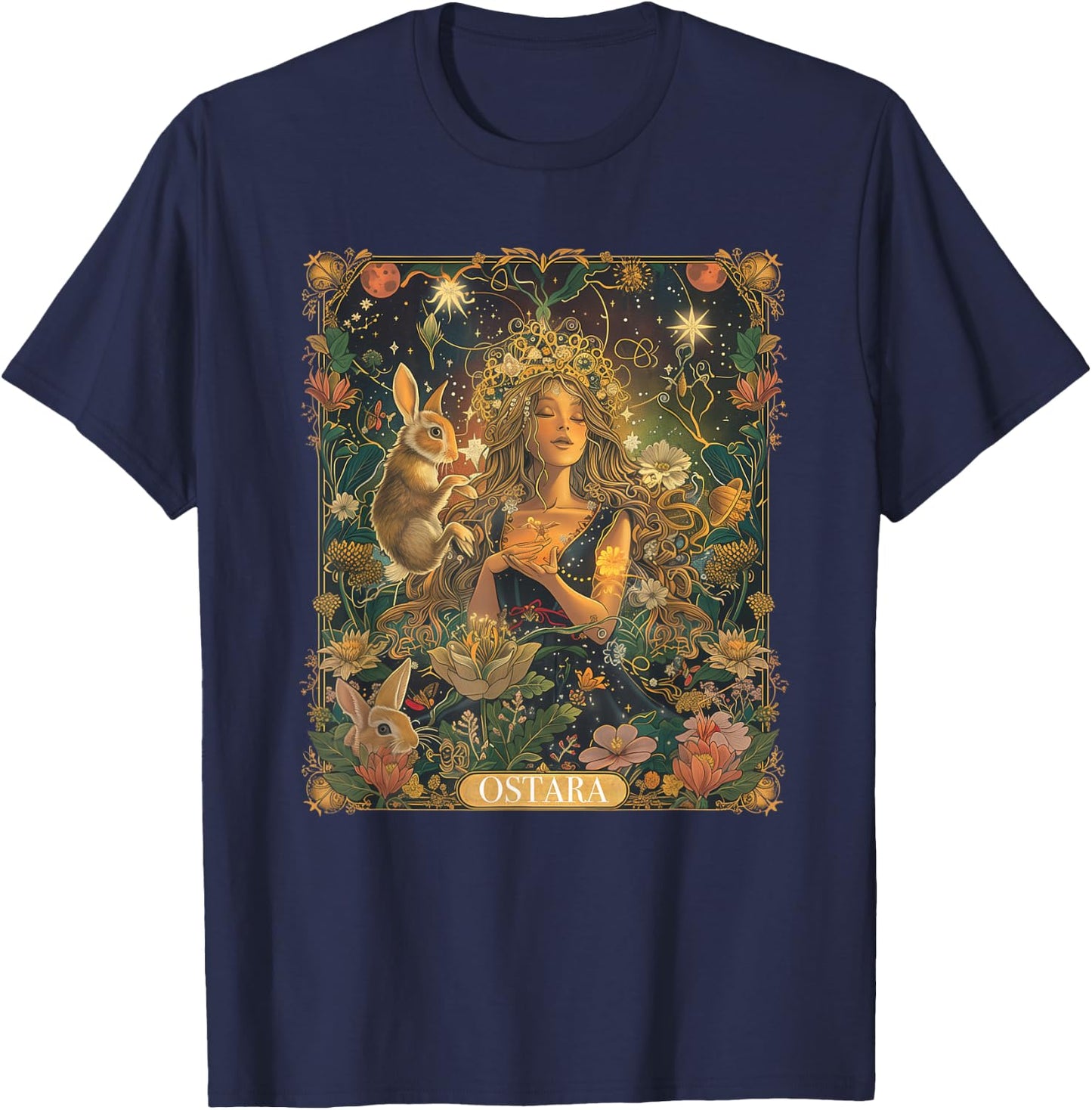 Ostara Spring Goddess Bunny Celebration Holiday Tarot Card T-Shirt - T-Shirt | Navy