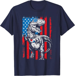 Trex Popsicle USA Flag Funny 4th Of July Dinosaur Gift T-Shirt - T-Shirt | Navy