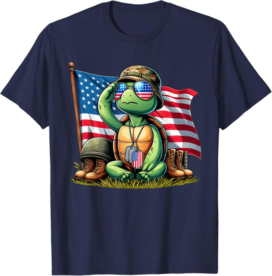 Salute Turtle American USA Flag Memorial Day 4th of July T-Shirt - T-Shirt | Navy