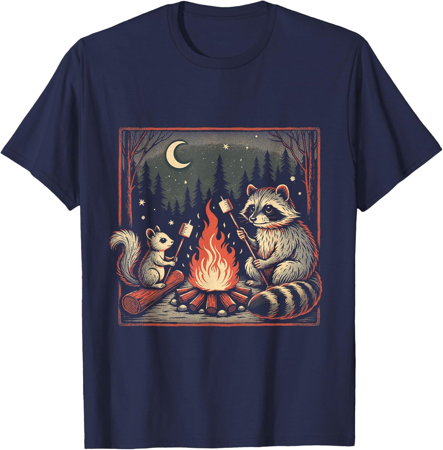 Forest Animals by the Campfire – Cozy Squirrel and Raccoon T-Shirt - T-Shirt | Navy