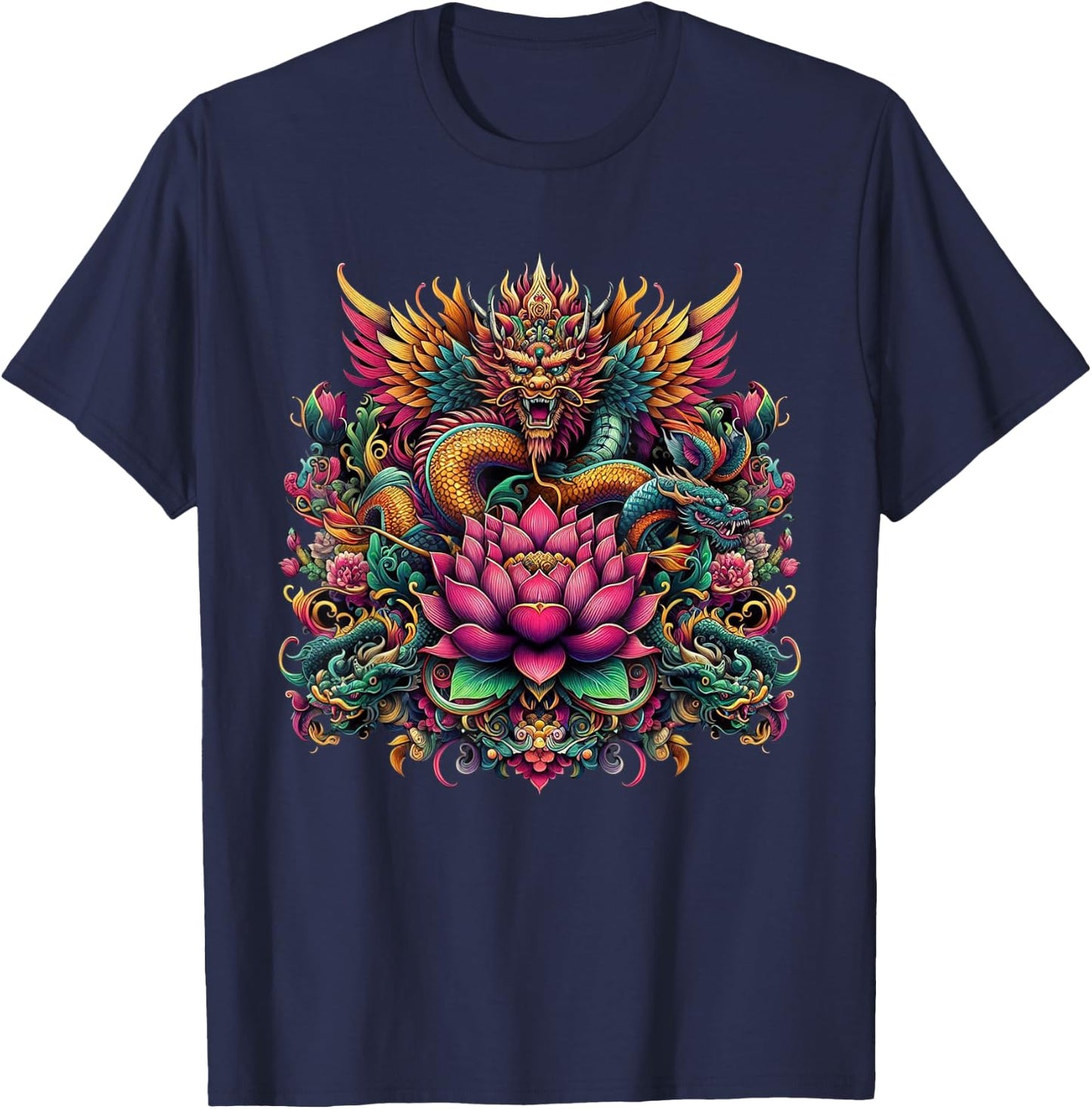 Vibrant Ornate Eastern Dragon Lotus Mythological Graphic T-Shirt - T-Shirt | Navy