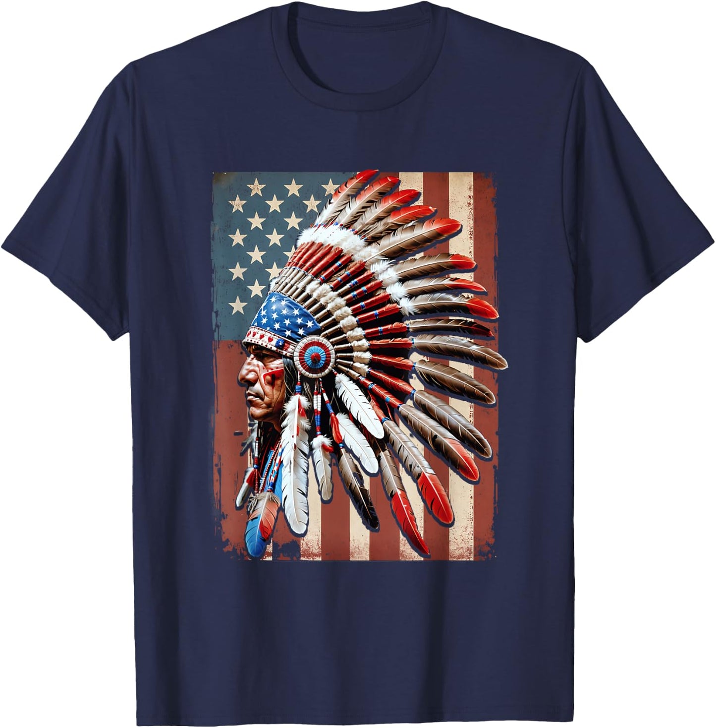 Native American Indian USA American Flag Indigenous Chief T-Shirt - T-Shirt | Navy