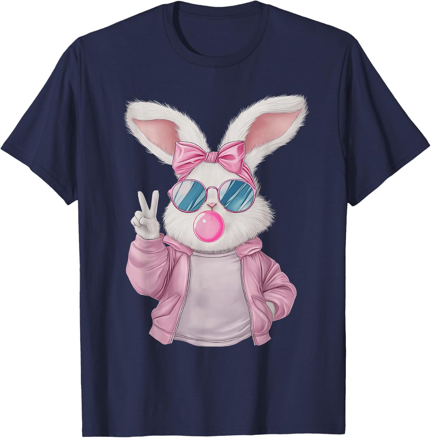 Rabbit Bunny Blowing Bubble Gum Easter Day Cute Girl Women T-Shirt - T-Shirt | Navy