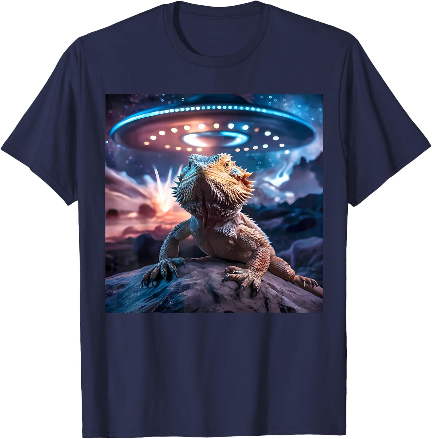 Bearded Dragon UFO Alien Graphic T-Shirt - T-Shirt | Navy