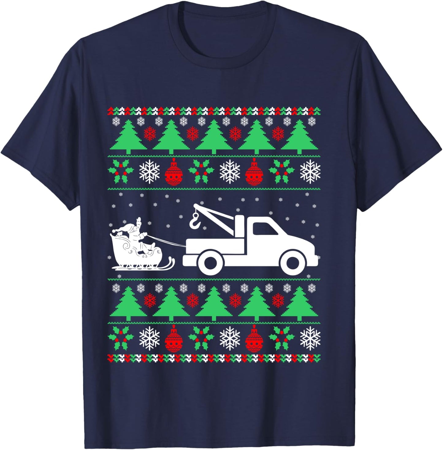 Santa Riding Sleigh Tow Truck Driver Christmas Ugly Sweater T-Shirt - T-Shirt | Navy