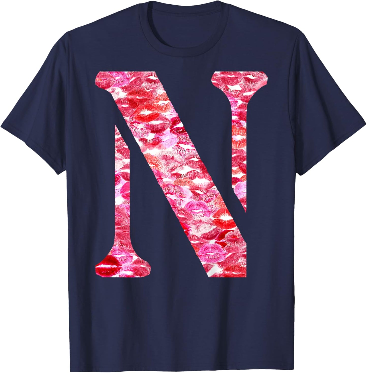 Back Print Only - Lipstick Kisses For Boyfriend Letter N , Black, S T-Shirt - T-Shirt | Navy