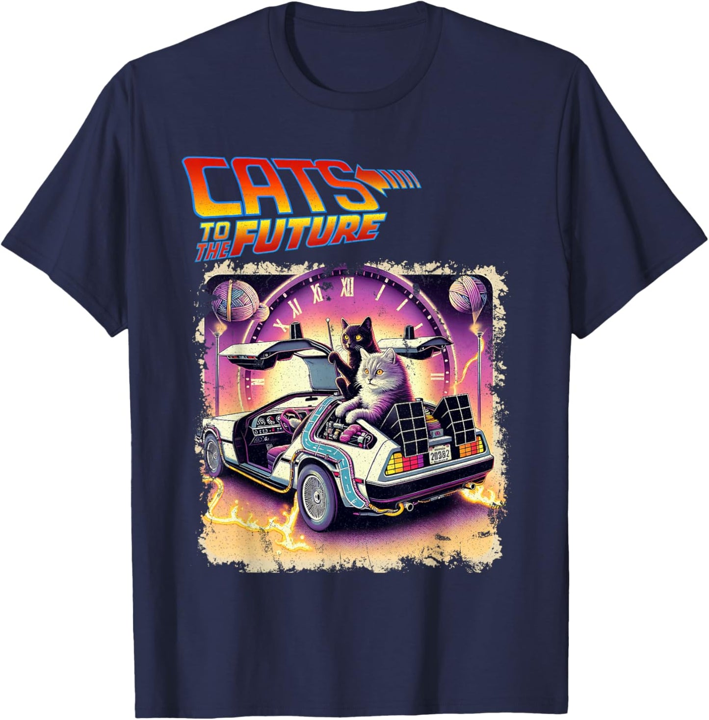 Cats To The Future 80s 90s Parody Pop Culture Funny Cats , Black, S T-Shirt - T-Shirt | Navy