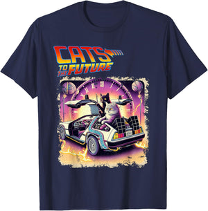 Cats To The Future 80s 90s Parody Pop Culture Funny Cats , Black, S T-Shirt - T-Shirt | Navy
