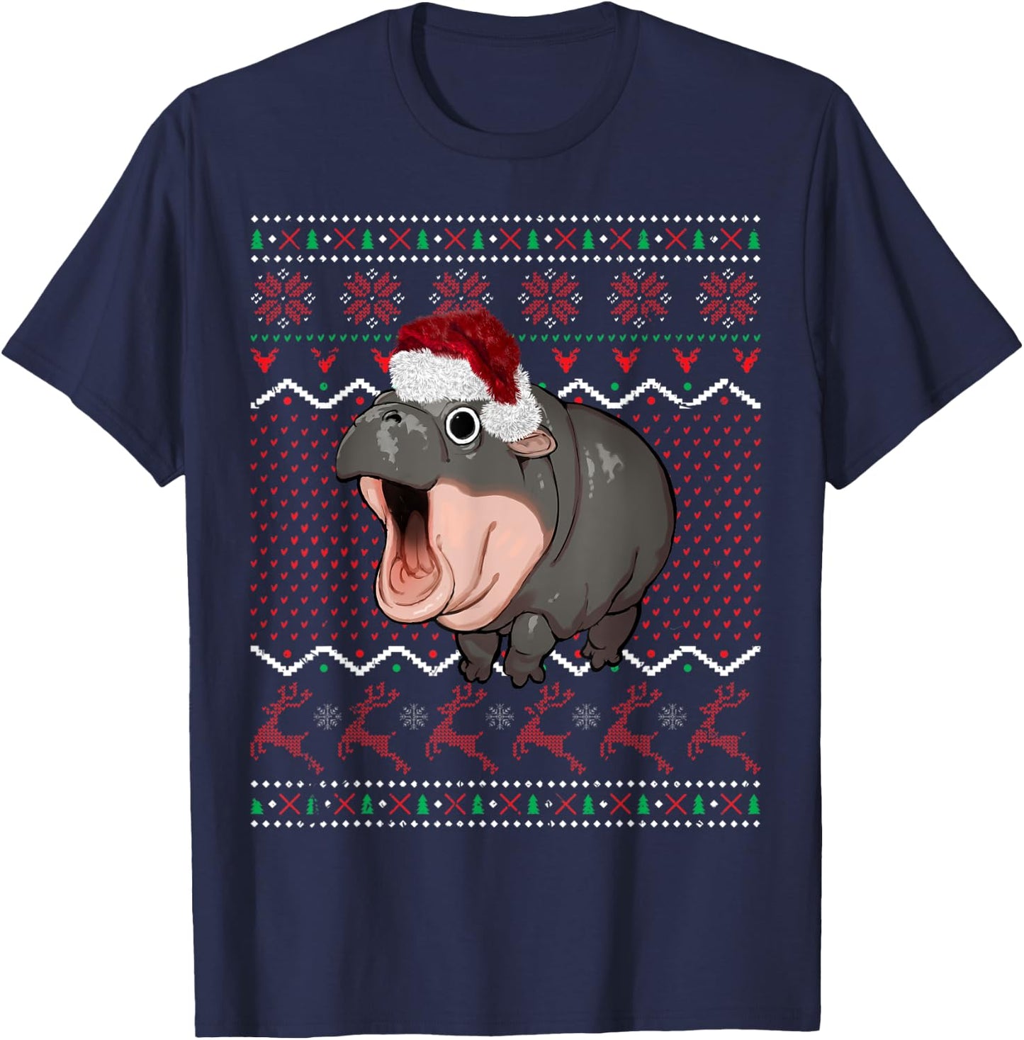 Moo Deng Christmas Baby Hippo Santa Hat Ugly Sweater Xmas T-Shirt - T-Shirt | Navy