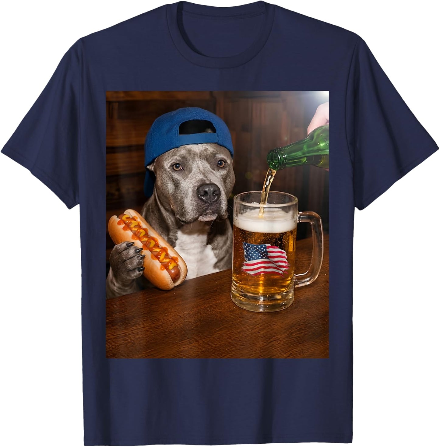 Funny Pitbull Meme Drinking Beer Hotdog USA Flag Pittie Moms T-Shirt - T-Shirt | Navy
