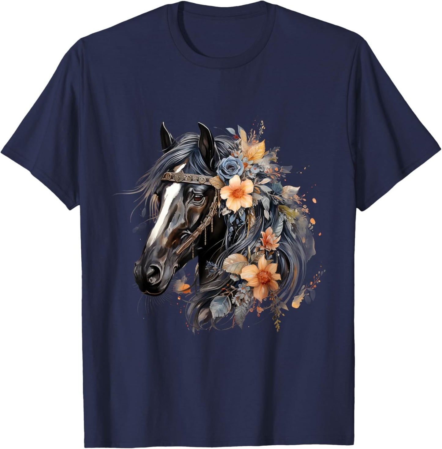 Floral Wild Horse Country Horse Riding , Small, Black T-Shirt - T-Shirt | Navy